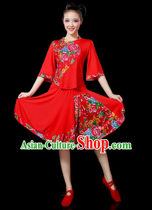 Traditional Chinese Yangge Fan Dancing Costume, Folk Dance Yangko Mandarin Sleeve Satin Peony Uniforms, Classic Umbrella Dance Elegant Dress Drum Dance Red Clothing for Women