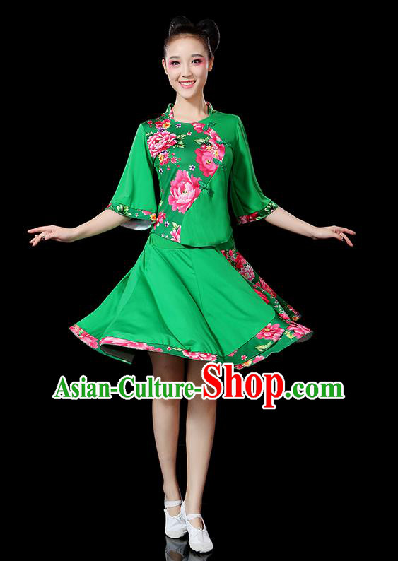 Traditional Chinese Yangge Fan Dancing Costume, Folk Dance Yangko Mandarin Sleeve Satin Peony Uniforms, Classic Umbrella Dance Elegant Dress Drum Dance Green Clothing for Women