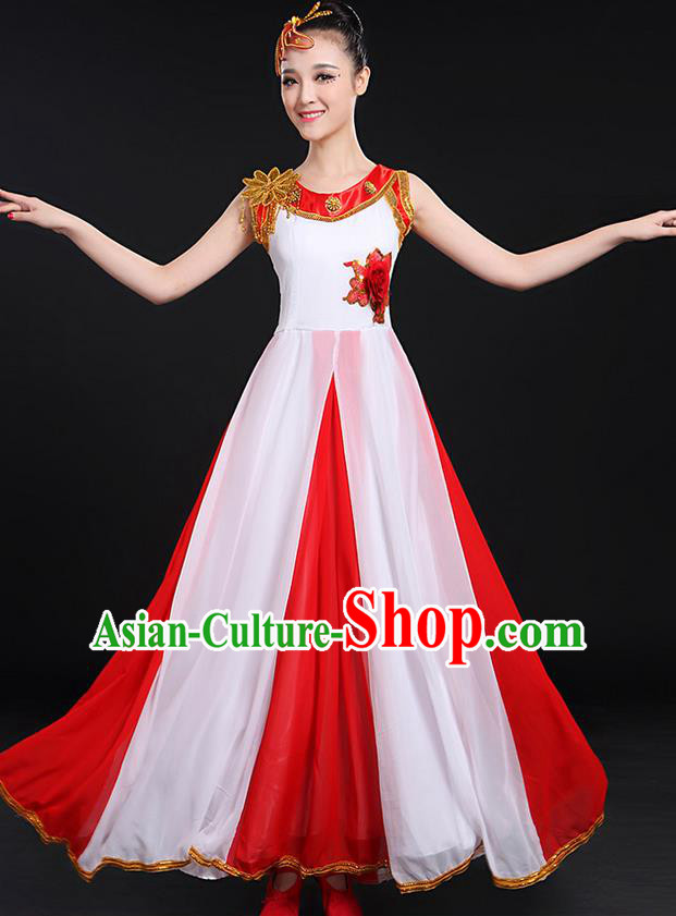 Traditional Chinese Style Modern Dancing Compere Costume, Women Opening Classic Chorus Singing Group Dance Bubble Uniforms, Modern Dance Classic Dance Big Swing Dress for Women