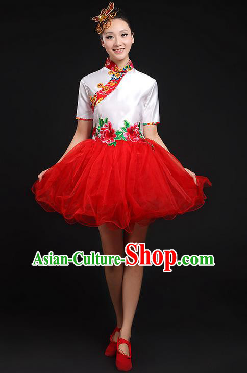 Traditional Chinese Yangge Fan Dancing Costume, Folk Dance Yangko Red Uniforms, Classic Umbrella Dance Elegant Cheongsam Short Dress Drum Dance Clothing for Women