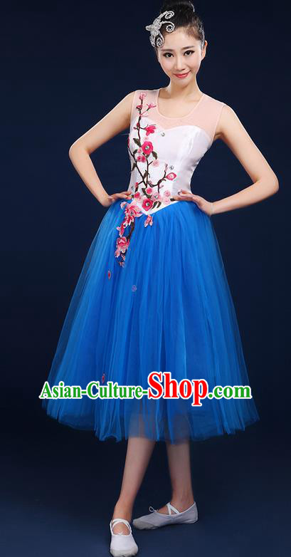 Traditional Chinese Style Modern Dancing Compere Costume, Women Opening Classic Chorus Singing Group Dance Embroider Plum Blossom Uniforms, Modern Dance Classic Dance Blue Dress for Women