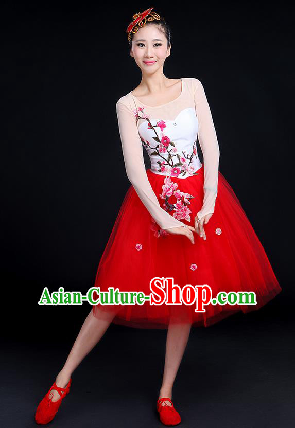 Traditional Chinese Style Modern Dancing Compere Costume, Women Opening Classic Chorus Singing Group Dance Embroider Plum Blossom Uniforms, Modern Dance Classic Dance Red Bubble Dress for Women