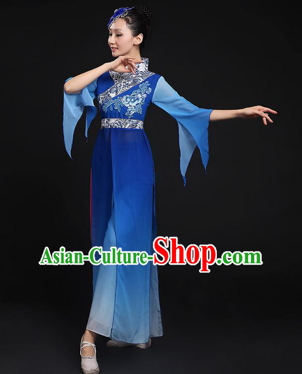 Traditional Chinese Yangge Fan Dancing Costume, Folk Dance Yangko Blue Uniforms, Classic Umbrella Dance Elegant Cheongsam Peony Dress Drum Dance Clothing for Women