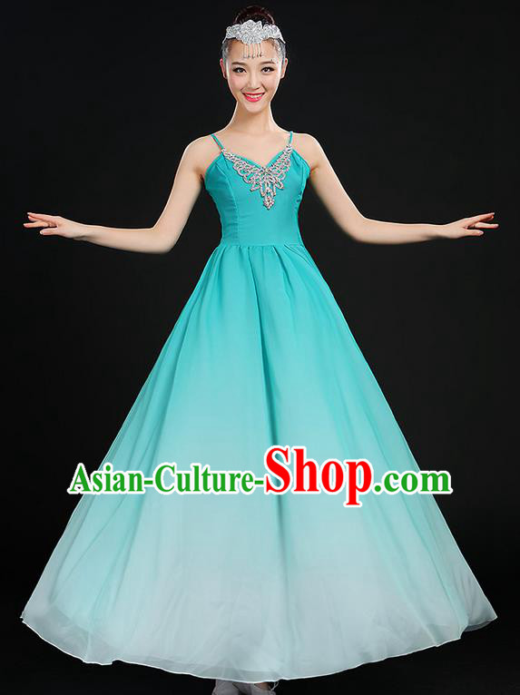 Traditional Chinese Modern Dancing Compere Costume, Women Opening Classic Chorus Singing Group Dance Dress Uniforms, Modern Dance Classic Dance Big Swing Blue Dress for Women