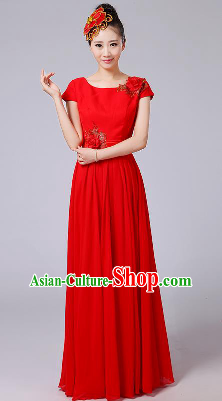 Traditional Chinese Modern Dancing Compere Costume, Women Opening Classic Chorus Singing Group Dance Uniforms, Modern Dance Classic Dance Big Swing Long Red Full Dress for Women