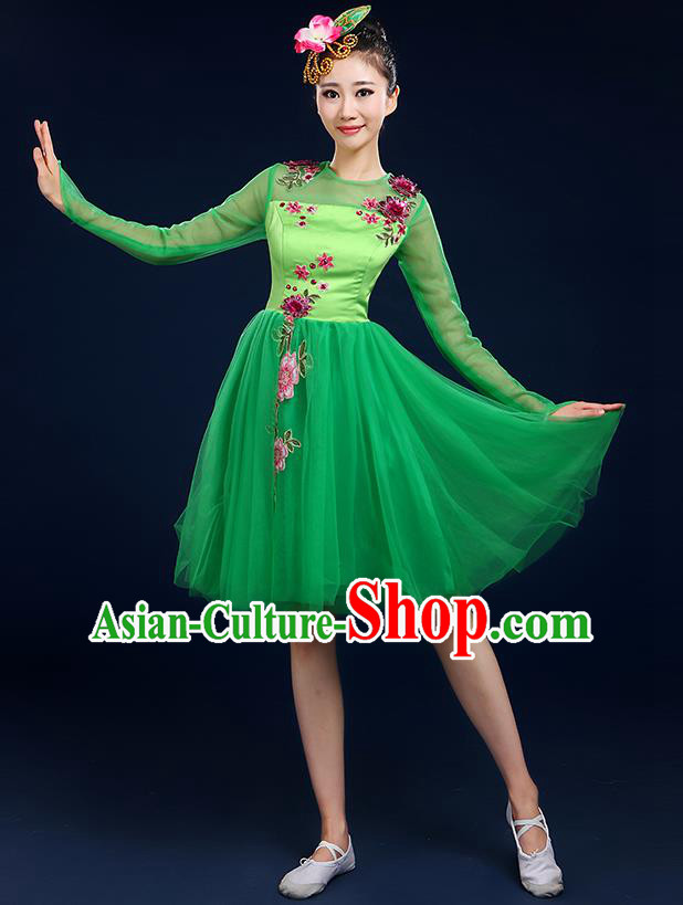 Traditional Chinese Modern Dancing Compere Costume, Women Opening Classic Chorus Singing Group Dance Bubble Uniforms, Modern Dance Classic Dance Big Swing Green Short Dress for Women