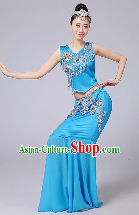 Traditional Chinese Dai Nationality Peacock Dancing Costume, Folk Dance Ethnic Paillette Tassel Fishtail Dress Palace Princess Uniform, Chinese Minority Nationality Dancing Blue Clothing for Women