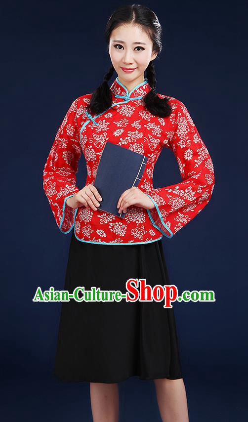 Traditional Chinese Style Modern Dancing Compere Costume, Women Chorus Singing Group Opening Classic Dance Republic of China Students Red Uniforms, Modern Dance Cheongsam Blouse Dress for Women