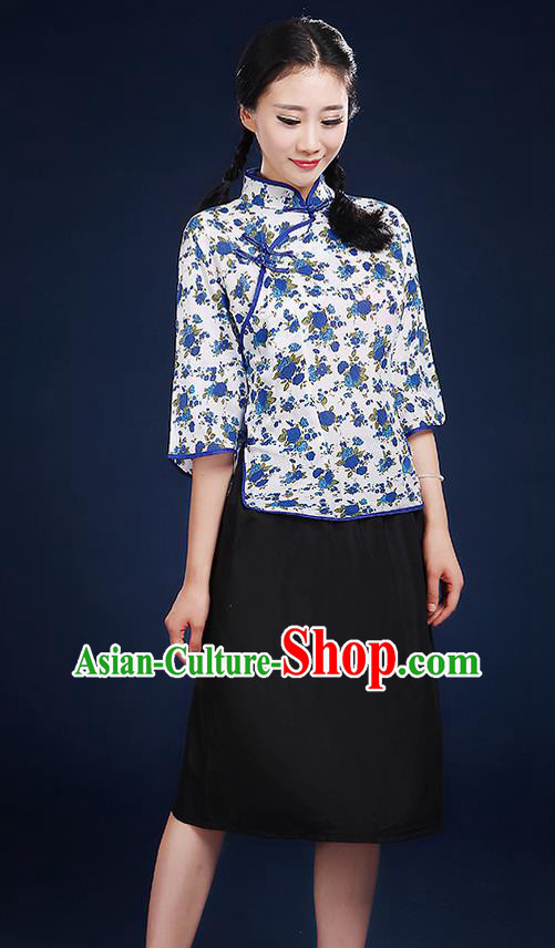 Traditional Chinese Style Modern Dancing Compere Costume, Women Chorus Singing Group Opening Classic Dance Republic of China Students Blue Flowers Uniforms, Modern Dance Cheongsam Blouse Dress for Women