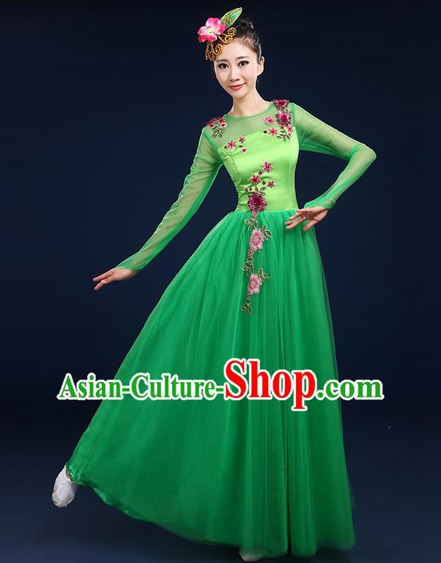 Traditional Chinese Modern Dancing Compere Costume, Women Opening Classic Chorus Singing Group Dance Bubble Uniforms, Modern Dance Classic Dance Big Swing Green Dress for Women