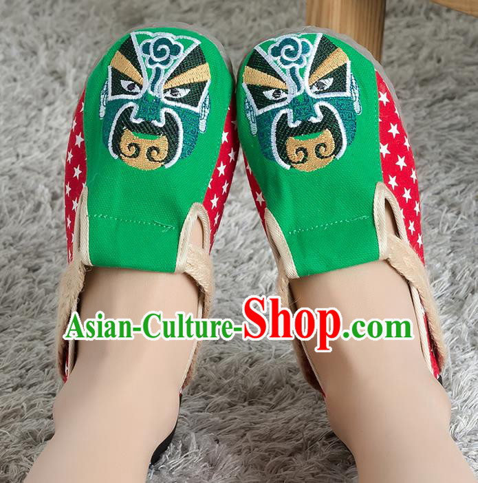 Traditional Chinese Shoes, China Handmade Linen Embroidered Beijing Opera Facial Masks Green Shoes, Ancient Princess Cloth Shoes for Women
