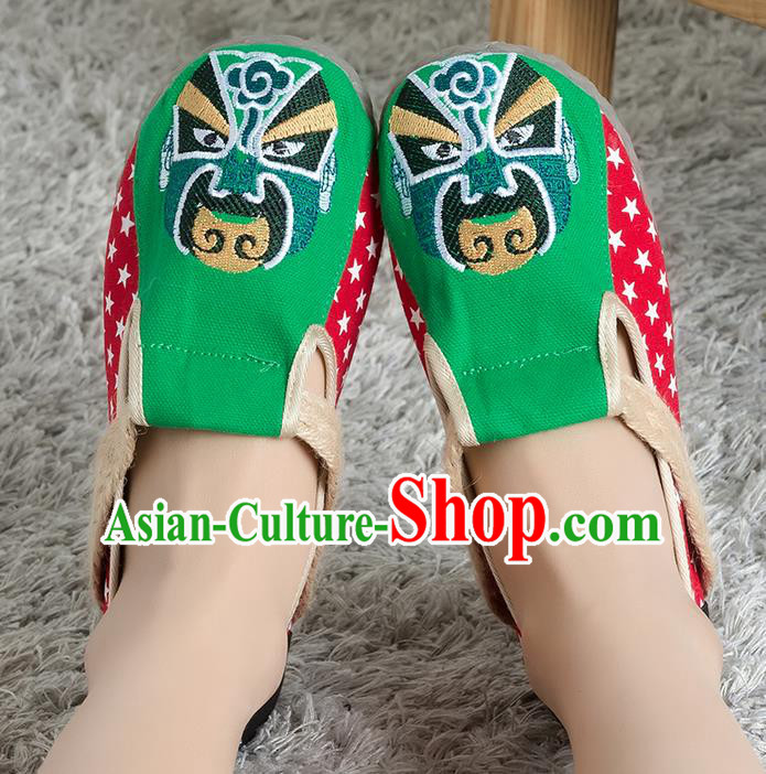 Traditional Chinese Shoes, China Handmade Linen Embroidered Beijing Opera Facial Masks Green Shoes, Ancient Princess Cloth Shoes for Women