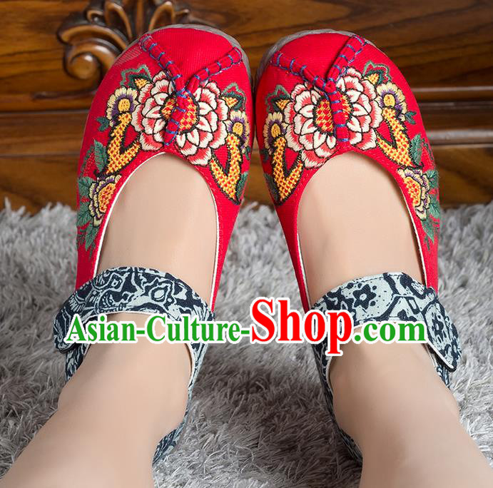 Traditional Chinese Shoes, China Handmade Linen Embroidered Red Shoes, Ancient Princess Cloth Shoes for Women