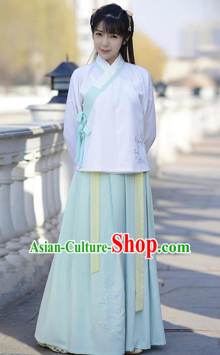 Traditional Ancient Chinese Young Lady Elegant Costume Embroidered Lotus Slant Opening Blouse and Slip Skirt Complete Set , Elegant Hanfu Clothing Chinese Jin Dynasty Imperial Princess Clothing for Women