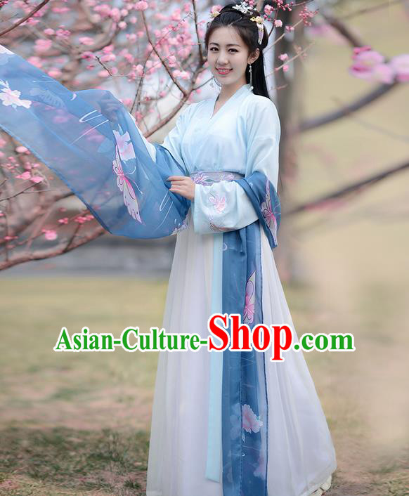 Traditional Ancient Chinese Young Lady Costume Embroidered Butterflies Slant Opening Blouse and Skirt Complete Set , Elegant Hanfu Clothing Chinese Song Dynasty Imperial Princess Clothing for Women