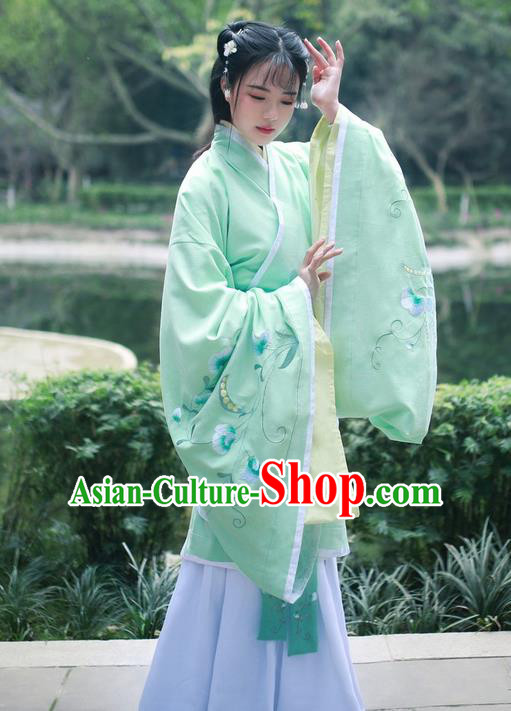 Traditional Ancient Chinese Young Lady Costume Embroidered Song Fringing and Belt, Elegant Hanfu Curving-Front Unlined Garment Dress Chinese Ming Dynasty Imperial Princess Dress Clothing for Women