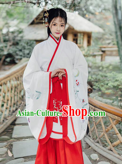 Traditional Ancient Chinese Young Lady Costume Embroidered Song Fringing and Belt, Elegant Hanfu Curving-Front Unlined Garment Dress Chinese Han Dynasty Imperial Princess Dress Clothing for Women