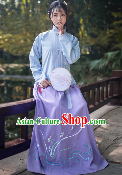 Traditional Ancient Chinese Young Lady Elegant Costume Embroidered Orchid Front Opening Blouse and Slip Skirt Complete Set, Elegant Hanfu Clothing Chinese Jin Dynasty Imperial Princess Clothing for Women