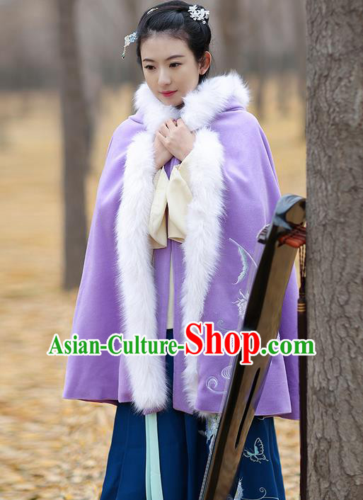 Traditional Chinese Ancient Ming Dynasty Princess Embroidered Wool Purple Mantle Cape for Women