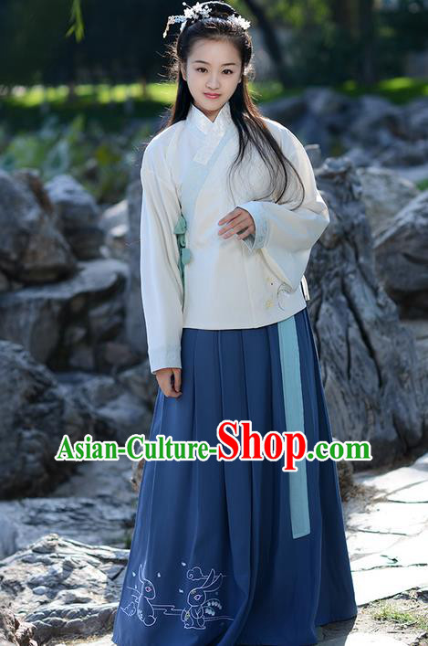 Traditional Ancient Chinese Young Lady Elegant Costume Embroidered Slant Opening Blouse and Deep Blue Slip Skirt Complete Set, Elegant Hanfu Clothing Chinese Ming Dynasty Imperial Princess Clothing for Women