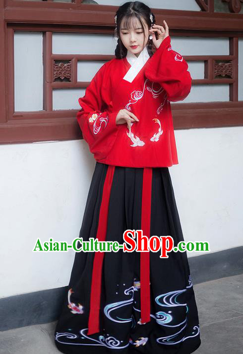 Traditional Ancient Chinese Young Lady Elegant Costume Embroidered Fancy Carp Slant Opening Blouse and Black Slip Skirt Complete Set, Elegant Hanfu Clothing Chinese Ming Dynasty Imperial Princess Clothing for Women