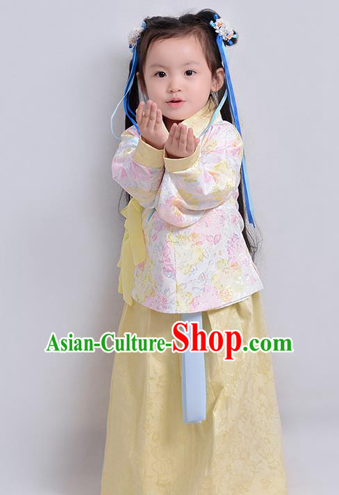 Traditional Ancient Chinese Children Elegant Costume Embroidered Slant Opening Blouse and Slip Skirt Complete Set, Elegant Hanfu Clothing Chinese Ming Dynasty Imperial Princess Clothing for Kids