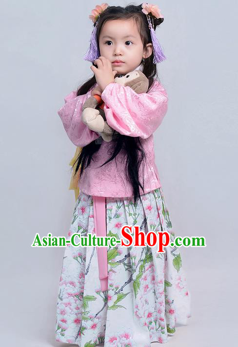 Traditional Ancient Chinese Children Girls Elegant Costume Embroidered Slant Opening Blouse and Slip Skirt Complete Set, Elegant Hanfu Clothing Chinese Ming Dynasty Imperial Princess Clothing for Kids