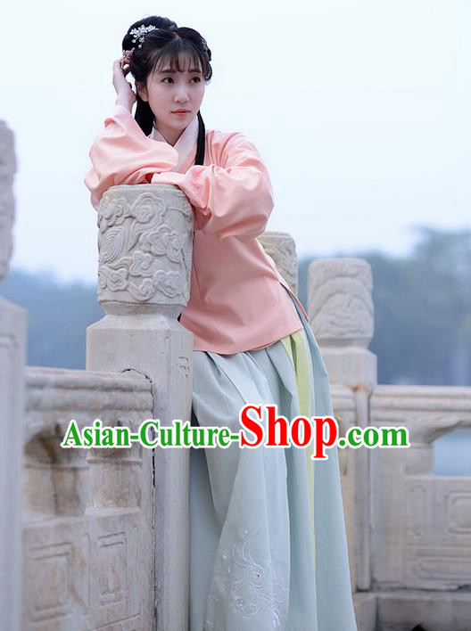 Traditional Ancient Chinese Young Lady Elegant Costume Slant Opening Blouse and Slip Skirt Complete Set, Elegant Hanfu Clothing Chinese Ming Dynasty Imperial Princess Clothing for Women