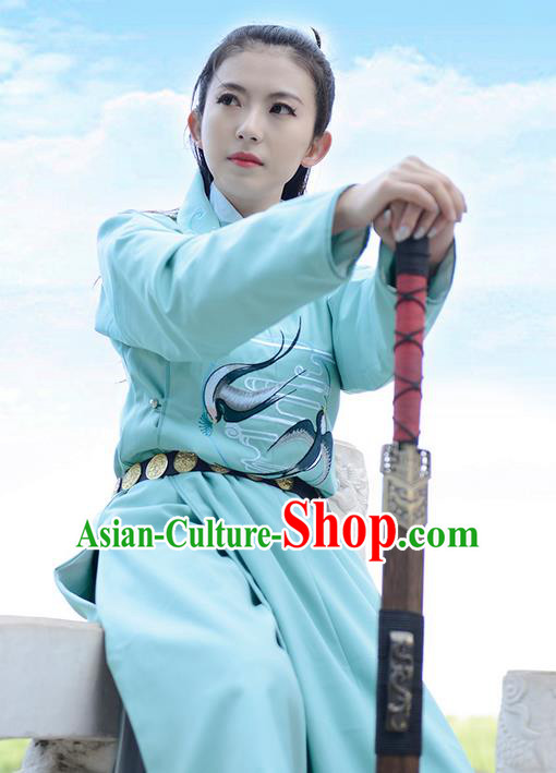 Traditional Chinese Ancient Hanfu Jiang Hu Swordsman Tang Dynasty Imperial Bodyguard Blue Robe Costume for Women for Men