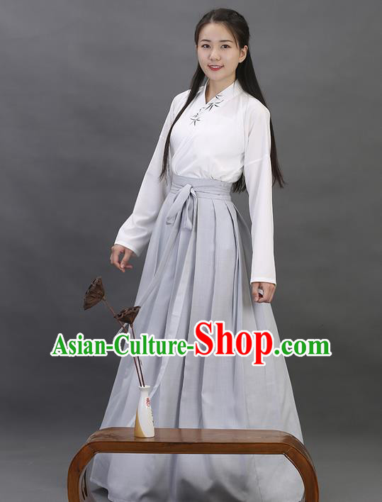 Traditional Ancient Chinese Young Lady Elegant Costume Embroidered Bamboo Slant Opening Blouse and Slip Skirt Complete Set, Elegant Hanfu Clothing Chinese Han Dynasty Imperial Princess Clothing for Women