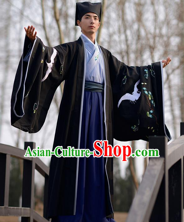 Traditional Ancient Chinese Elegant Costume Embroidered Crane Wide Sleeve Black Cardigan, Elegant Hanfu Clothing Chinese Jin Dynasty Imperial Cloak Clothing for Men