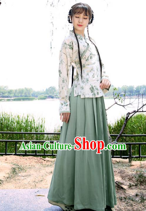 Traditional Ancient Chinese Young Lady Elegant Costume Linen Slant Opening Blouse and Slip Skirt Complete Set, Elegant Hanfu Clothing Chinese Ming Dynasty Imperial Princess Clothing for Women