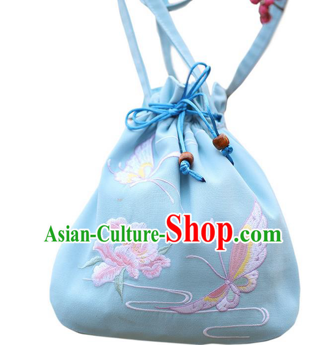 Traditional Ancient Chinese Young Lady Elegant Embroidered Butterfly Blue Handbags Cloth Bags for Women