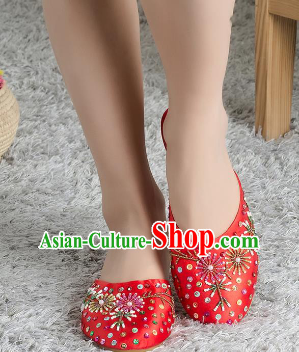 Traditional Chinese Shoes, China Handmade Linen Embroidered Beads Sequins Red Slippers, Ancient Princess Satin Cloth Shoes for Women