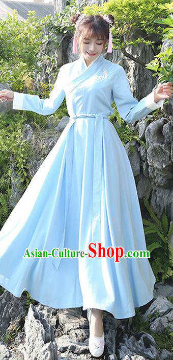 Traditional Ancient Chinese Costume, Elegant Hanfu Clothing Embroidered Slant Opening Blue Dress, China Han Dynasty Princess Elegant Clothing for Women
