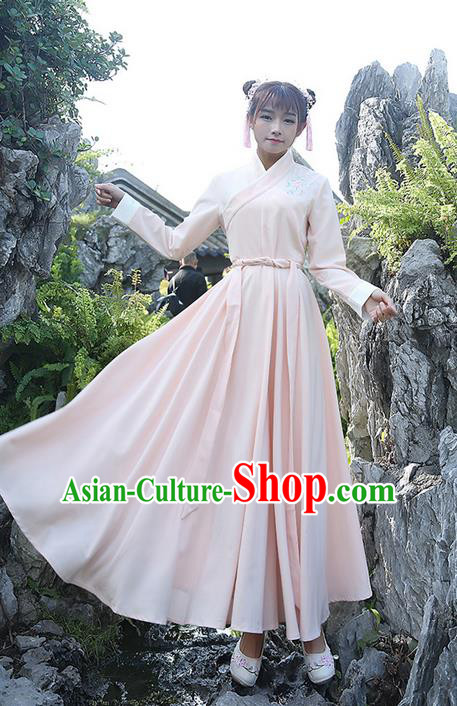 Traditional Ancient Chinese Costume, Elegant Hanfu Clothing Embroidered Slant Opening Pink Dress, China Han Dynasty Princess Elegant Clothing for Women