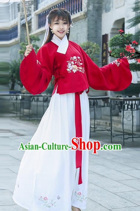 Traditional Ancient Chinese Young Lady Costume Embroidered Red Slant Opening Blouse and Slip Skirt, Elegant Hanfu Suits Clothing Chinese Ming Dynasty Imperial Princess Dress Clothing for Women