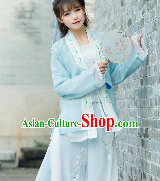 Traditional Ancient Chinese Young Lady Costume Embroidered BeiZi Blue Cardigan, Elegant Hanfu Cloak Clothing Chinese Ming Dynasty Imperial Princess Dress Clothing for Women