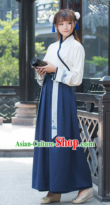 Traditional Ancient Chinese Young Lady Costume Embroidered Slant Opening Blouse and Slip Skirt, Elegant Hanfu Suits Clothing Chinese Ming Dynasty Imperial Princess Dress Clothing for Women