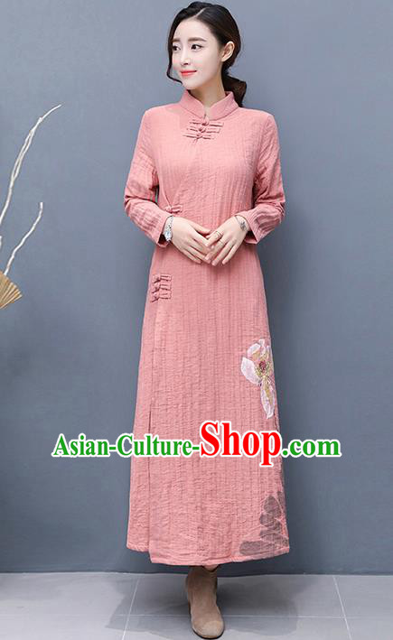 Traditional Ancient Chinese National Costume, Elegant Hanfu Mandarin Qipao Linen Hand Painting Pink Dress, China Tang Suit Chirpaur Republic of China Cheongsam Upper Outer Garment Elegant Dress Clothing for Women