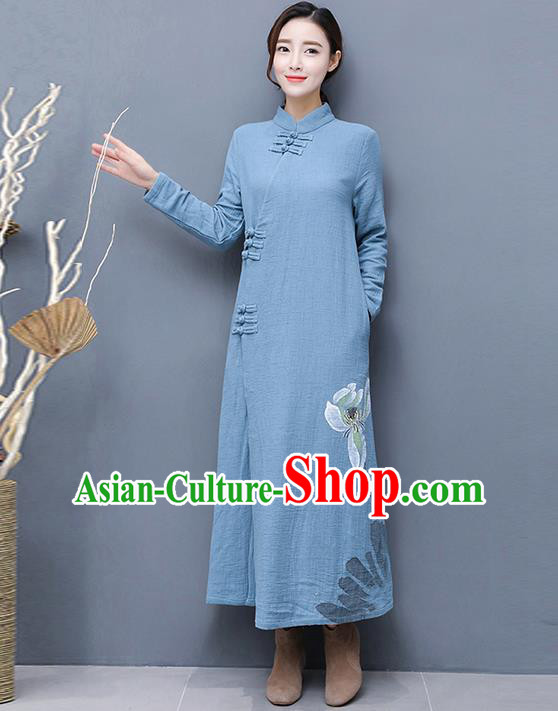 Traditional Ancient Chinese National Costume, Elegant Hanfu Mandarin Qipao Linen Hand Painting Blue Dress, China Tang Suit Chirpaur Republic of China Cheongsam Upper Outer Garment Elegant Dress Clothing for Women