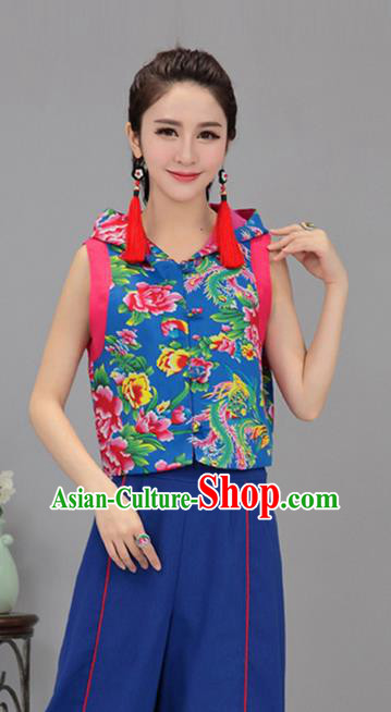 Traditional Chinese National Costume, Elegant Hanfu Vests Blue Shirt, China Tang Suit Plated Buttons Chirpaur Blouse Cheong-sam Upper Outer Garment Qipao Shirts Vest Clothing for Women