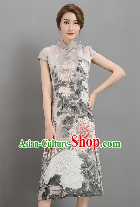 Traditional Ancient Chinese National Costume, Elegant Hanfu Mandarin Qipao Linen Printing Dress, China Tang Suit Chirpaur Republic of China Cheongsam Garment Elegant Dress Clothing for Women