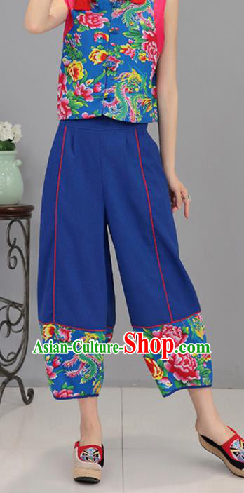 Traditional Chinese National Costume Northeast Cloth Plus Fours, Elegant Hanfu Printing Peony Blue Bloomers, China Ethnic Minorities Tang Suit Pantalettes for Women