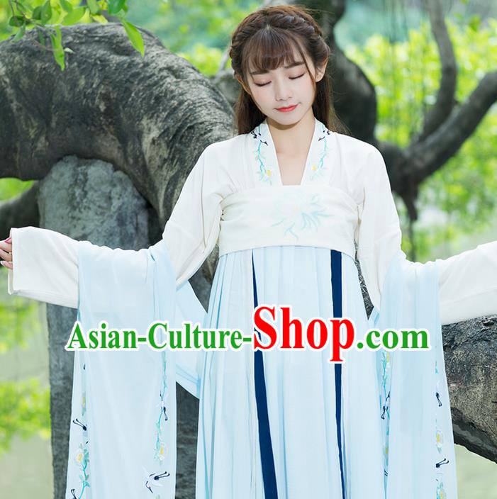 Traditional Ancient Chinese Young Lady Costume Embroidered Blue Wearing Silks, Elegant Hanfu Clothing Chinese Tang Dynasty Imperial Princess Brocade Scarf for Women