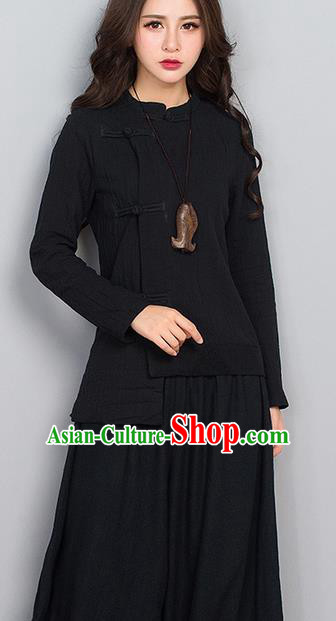 Traditional Chinese National Costume, Elegant Hanfu Linen Slant Opening Black T-Shirt, China Tang Suit Republic of China Plated Buttons Chirpaur Blouse Cheong-sam Upper Outer Garment Qipao Shirts Clothing for Women