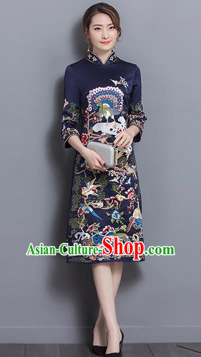 Traditional Ancient Chinese National Costume, Elegant Hanfu Mandarin Qipao Linen Printing Navy Dress, China Tang Suit Chirpaur Republic of China Cheongsam Upper Outer Garment Elegant Dress Clothing for Women