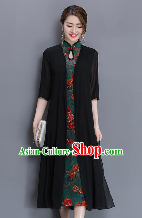 Traditional Ancient Chinese National Costume, Elegant Hanfu Mandarin Qipao Pattern Printing Dress, China Tang Suit Chirpaur Republic of China Cheongsam Upper Outer Garment Elegant Dress Clothing for Women