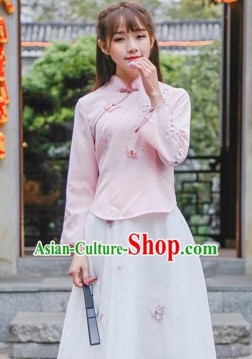 Traditional Chinese National Costume, Elegant Hanfu Embroidery Flowers Slant Opening Pink T-Shirt, China Tang Suit Republic of China Plated Buttons Chirpaur Blouse Cheong-sam Upper Outer Garment Qipao Shirts Clothing for Women