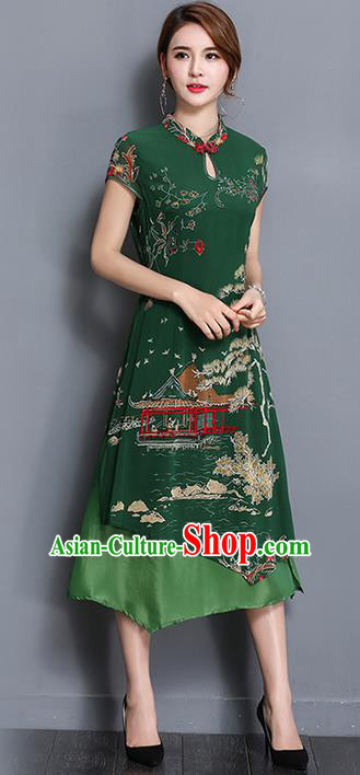 Traditional Ancient Chinese National Costume, Elegant Hanfu Mandarin Qipao Printing Green Dress, China Tang Suit Chirpaur Republic of China Cheongsam Upper Outer Garment Elegant Dress Clothing for Women